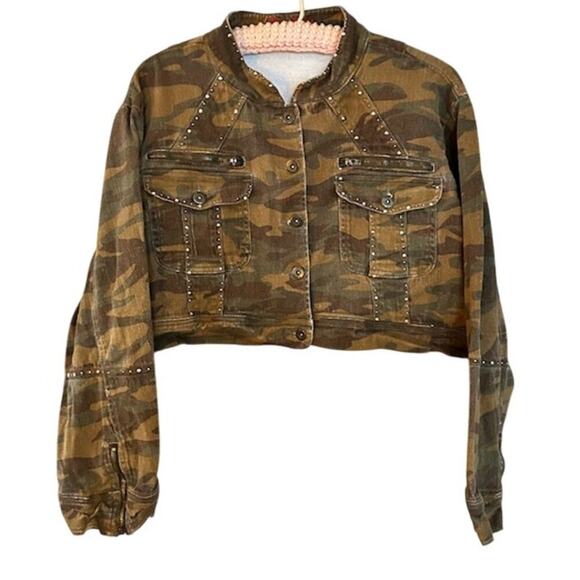 Vintage Y2K Vega Jeans Studded Camouflage Bolero Cropped Jean Jacket, Large - Picture 1 of 4